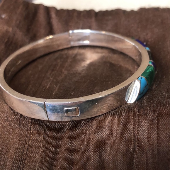 TAXCO Sterling Silver Cuff Bracelet Onyx Lapis Turquoise Malachite Azurite - Picture 9 of 10